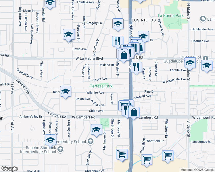 map of restaurants, bars, coffee shops, grocery stores, and more near 450 South Dexford Drive in La Habra