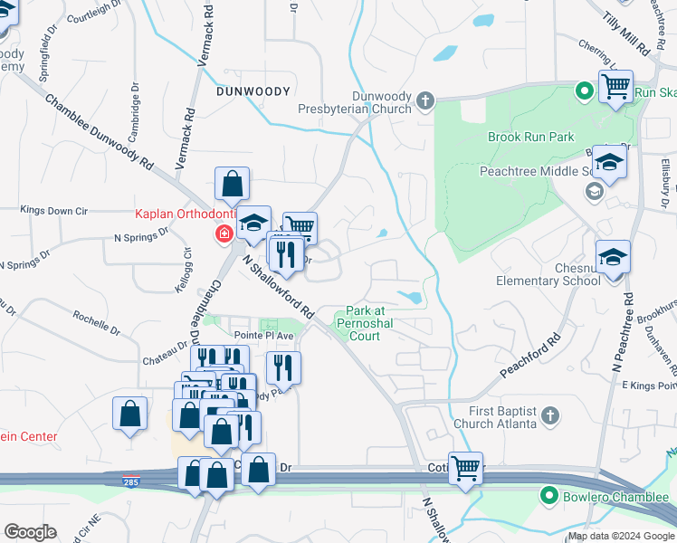 map of restaurants, bars, coffee shops, grocery stores, and more near 4336 Village Oaks Lane in Dunwoody