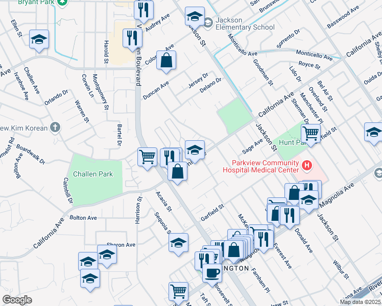 map of restaurants, bars, coffee shops, grocery stores, and more near 9391 California Avenue in Riverside