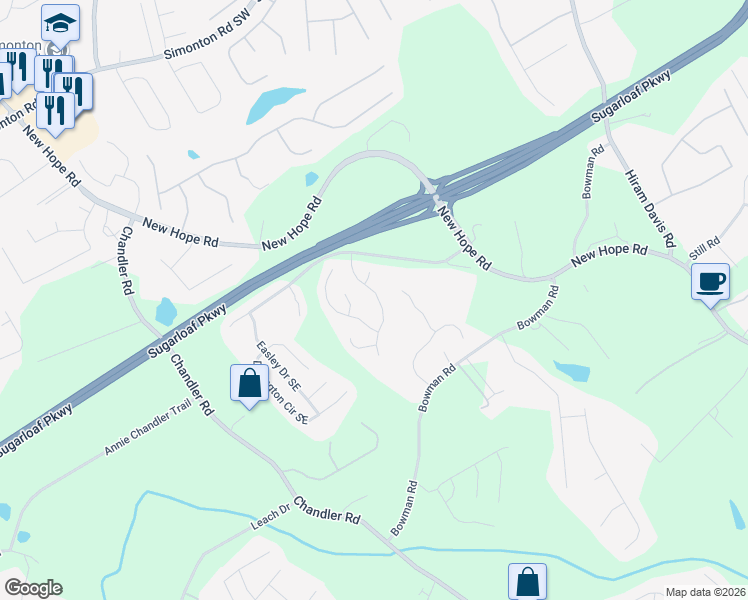 map of restaurants, bars, coffee shops, grocery stores, and more near 1309 Avington Glen Drive Southeast in Lawrenceville