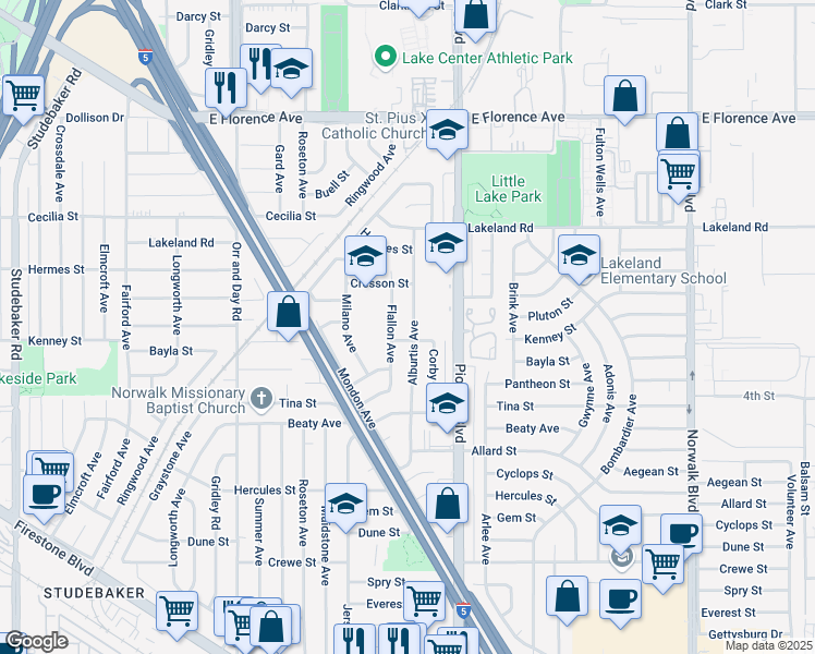 map of restaurants, bars, coffee shops, grocery stores, and more near 11312 Flallon Avenue in Norwalk