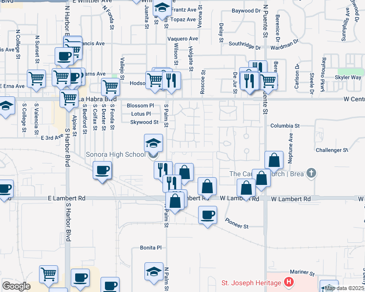 map of restaurants, bars, coffee shops, grocery stores, and more near 520 Breezewood Court in Brea