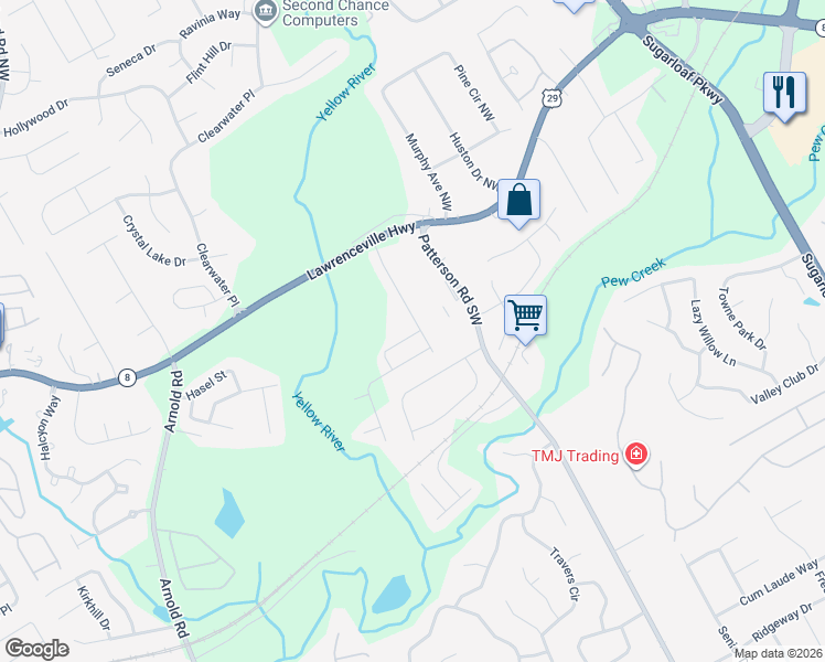 map of restaurants, bars, coffee shops, grocery stores, and more near 119 Braemore Mill Drive in Lawrenceville