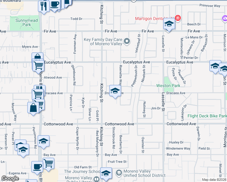 map of restaurants, bars, coffee shops, grocery stores, and more near 25584 Dracaea Avenue in Moreno Valley