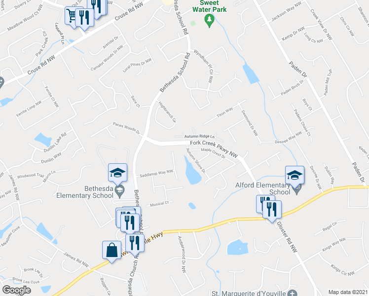 map of restaurants, bars, coffee shops, grocery stores, and more near 642 Autumn Shore Drive in Lawrenceville