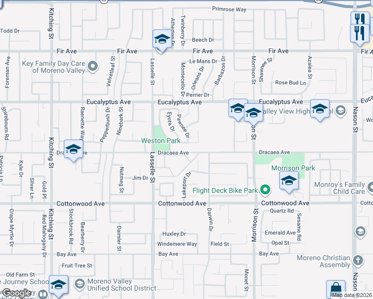 map of restaurants, bars, coffee shops, grocery stores, and more near 26184 Dracaea Avenue in Moreno Valley