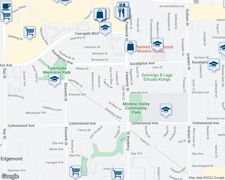 map of restaurants, bars, coffee shops, grocery stores, and more near 13177 Lakota Drive in Moreno Valley