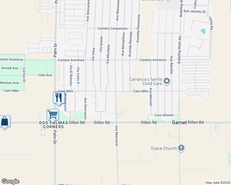 map of restaurants, bars, coffee shops, grocery stores, and more near Avenue Manzana in Desert Hot Springs