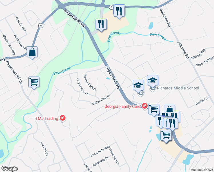 map of restaurants, bars, coffee shops, grocery stores, and more near 168 Shady View Place in Lawrenceville