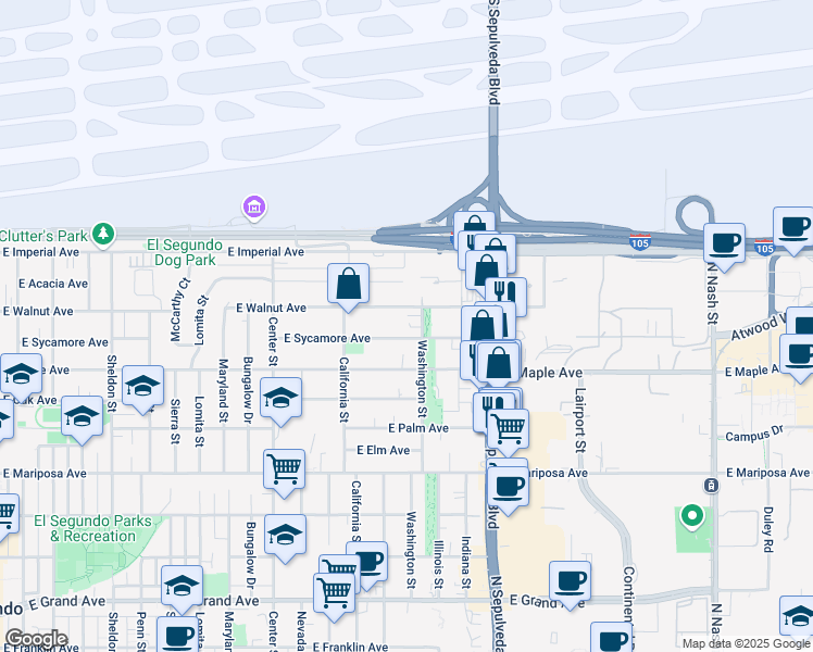 map of restaurants, bars, coffee shops, grocery stores, and more near 843 Washington Street in El Segundo