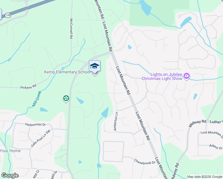 map of restaurants, bars, coffee shops, grocery stores, and more near 1043 Amberton Lane in Powder Springs