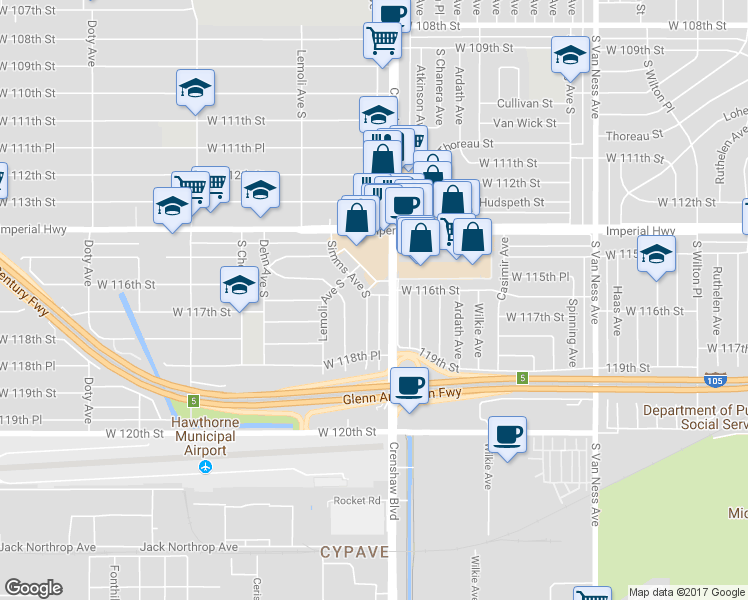 map of restaurants, bars, coffee shops, grocery stores, and more near 11600 Simms Avenue South in Inglewood