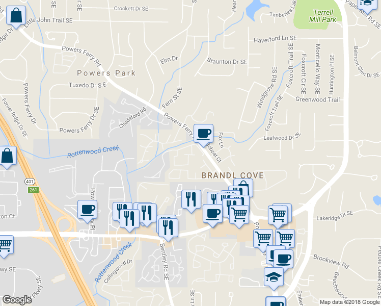 map of restaurants, bars, coffee shops, grocery stores, and more near 1157 Willow Avenue Southeast in Marietta