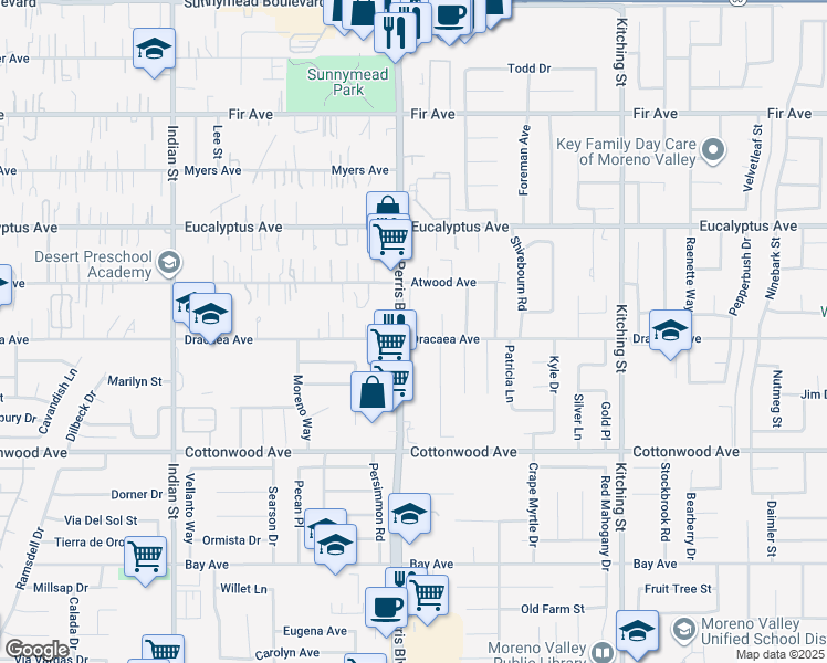 map of restaurants, bars, coffee shops, grocery stores, and more near 25086 Dracaea Avenue in Moreno Valley