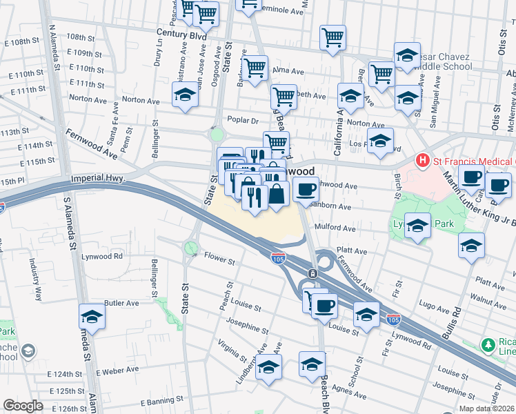map of restaurants, bars, coffee shops, grocery stores, and more near 3100 East Imperial Highway in Lynwood
