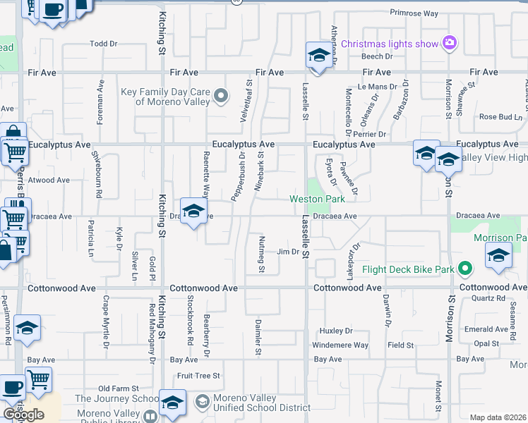 map of restaurants, bars, coffee shops, grocery stores, and more near 25884 Dracaea Avenue in Moreno Valley