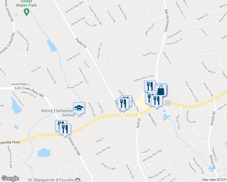 map of restaurants, bars, coffee shops, grocery stores, and more near 366 Paden Drive in Lawrenceville