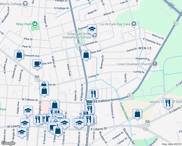 map of restaurants, bars, coffee shops, grocery stores, and more near 102 White Oak Park in Sumter