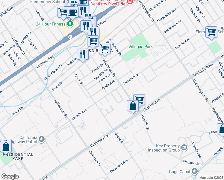 map of restaurants, bars, coffee shops, grocery stores, and more near 7565 Lincoln Avenue in Riverside