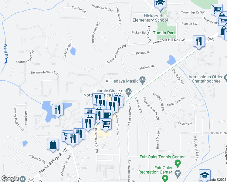 map of restaurants, bars, coffee shops, grocery stores, and more near 991 Laurel Springs Lane Southwest in Marietta