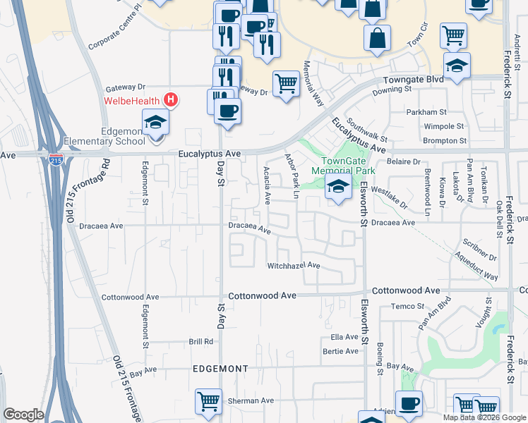 map of restaurants, bars, coffee shops, grocery stores, and more near 13209 Acacia Avenue in Moreno Valley