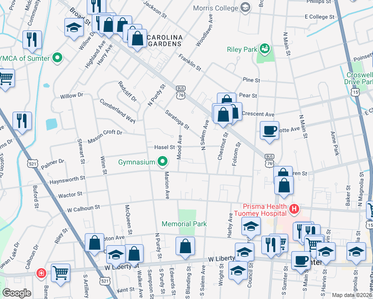 map of restaurants, bars, coffee shops, grocery stores, and more near 112 Hasel Street in Sumter