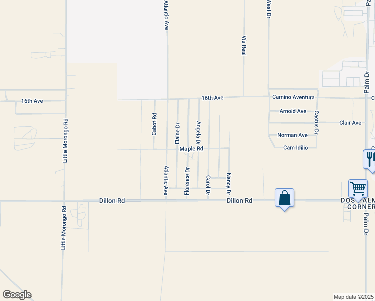 map of restaurants, bars, coffee shops, grocery stores, and more near Florence Drive in Desert Hot Springs