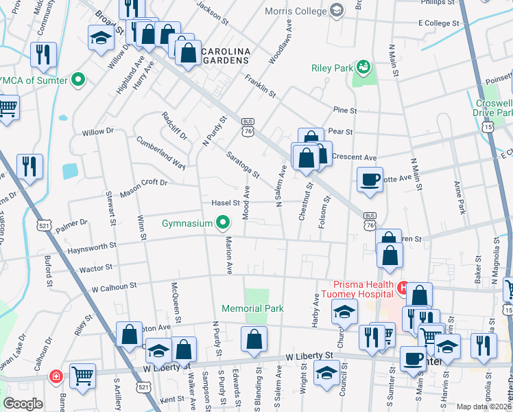 map of restaurants, bars, coffee shops, grocery stores, and more near 112 Hasel Street in Sumter