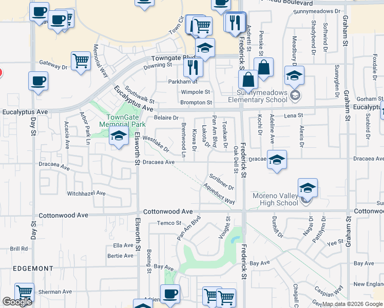map of restaurants, bars, coffee shops, grocery stores, and more near 13213 Kiowa Drive in Moreno Valley