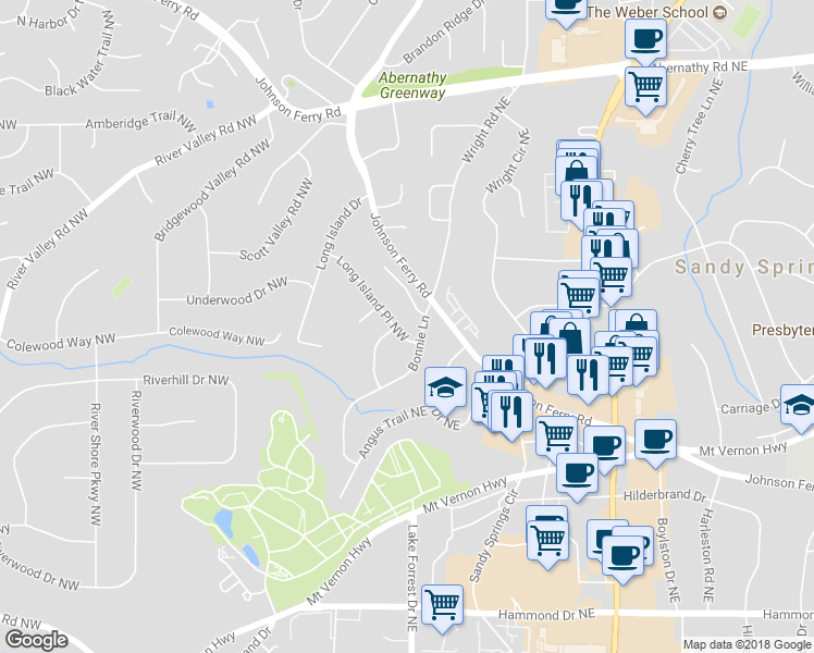 map of restaurants, bars, coffee shops, grocery stores, and more near 23 Long Island Place Northwest in Atlanta