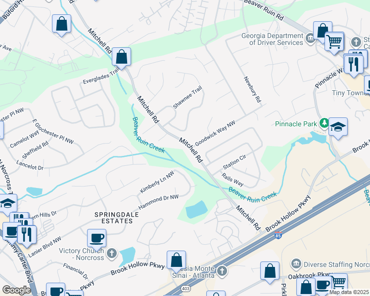 map of restaurants, bars, coffee shops, grocery stores, and more near 2125 Mitchell Road Northwest in Norcross