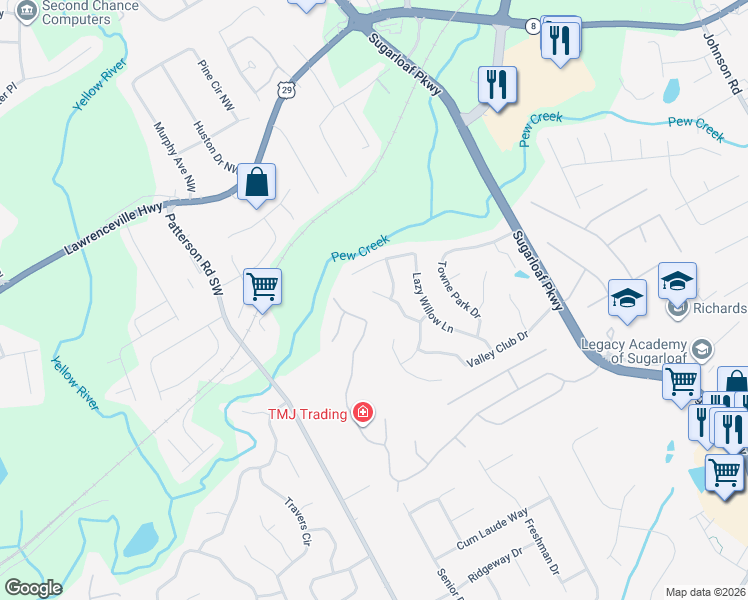 map of restaurants, bars, coffee shops, grocery stores, and more near 45 Rosemary Place in Lawrenceville