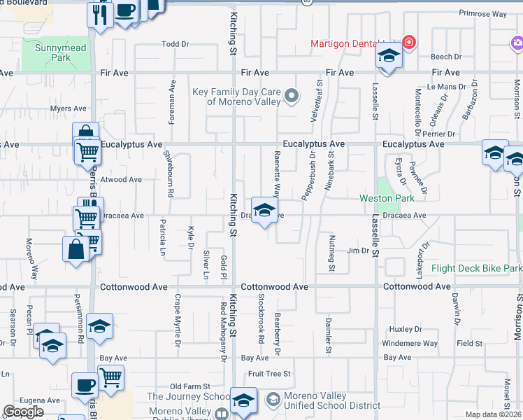 map of restaurants, bars, coffee shops, grocery stores, and more near 25584 Dracaea Avenue in Moreno Valley
