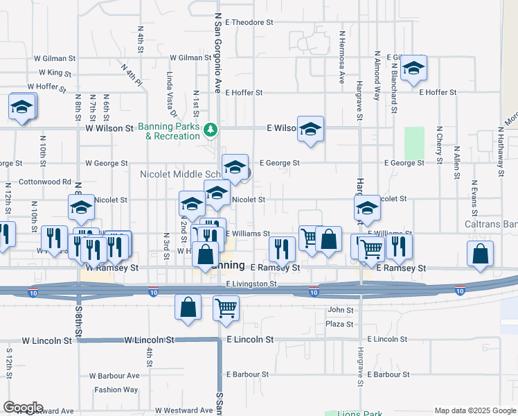 map of restaurants, bars, coffee shops, grocery stores, and more near 331 Fay Street in Banning