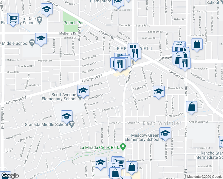 map of restaurants, bars, coffee shops, grocery stores, and more near 11612 Kibbee Avenue in Whittier