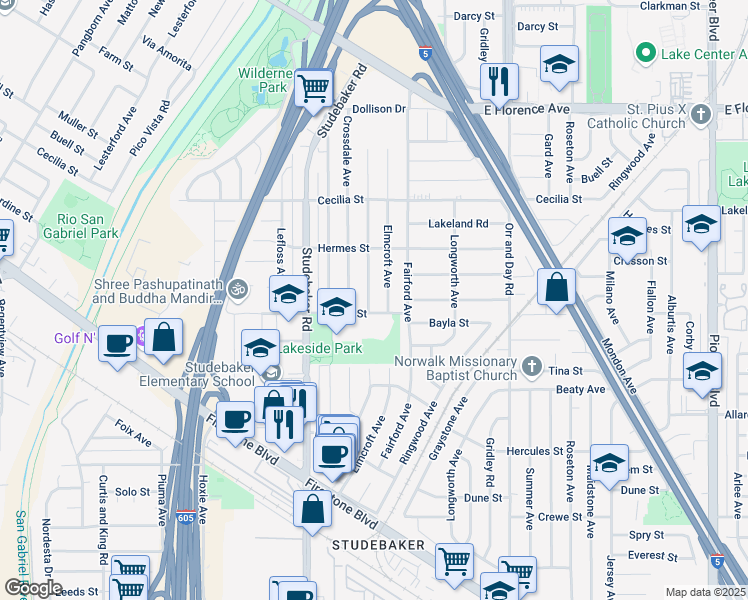 map of restaurants, bars, coffee shops, grocery stores, and more near 11424 Dalwood Avenue in Norwalk