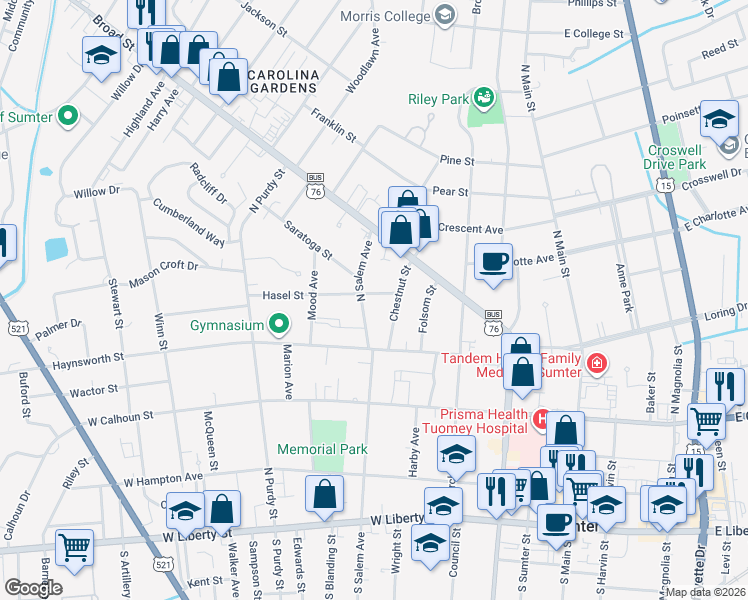 map of restaurants, bars, coffee shops, grocery stores, and more near 12 Hasel Street in Sumter