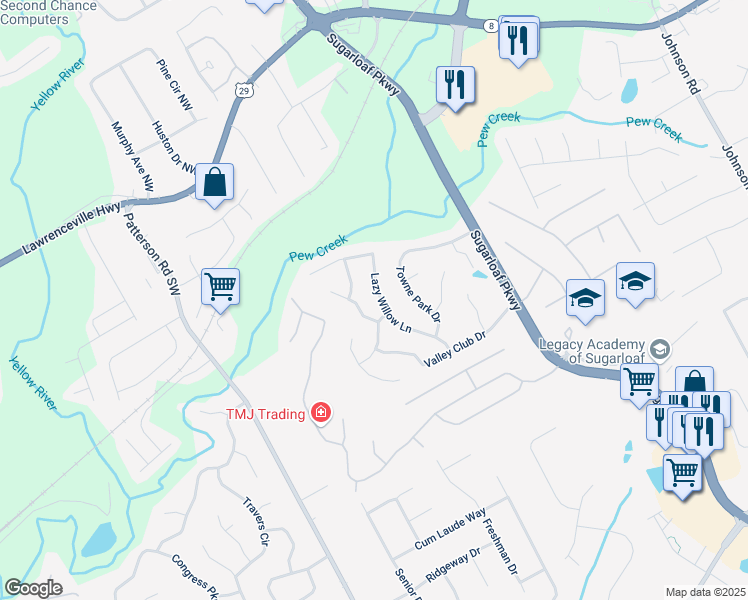 map of restaurants, bars, coffee shops, grocery stores, and more near 435 Lazy Willow Lane in Lawrenceville