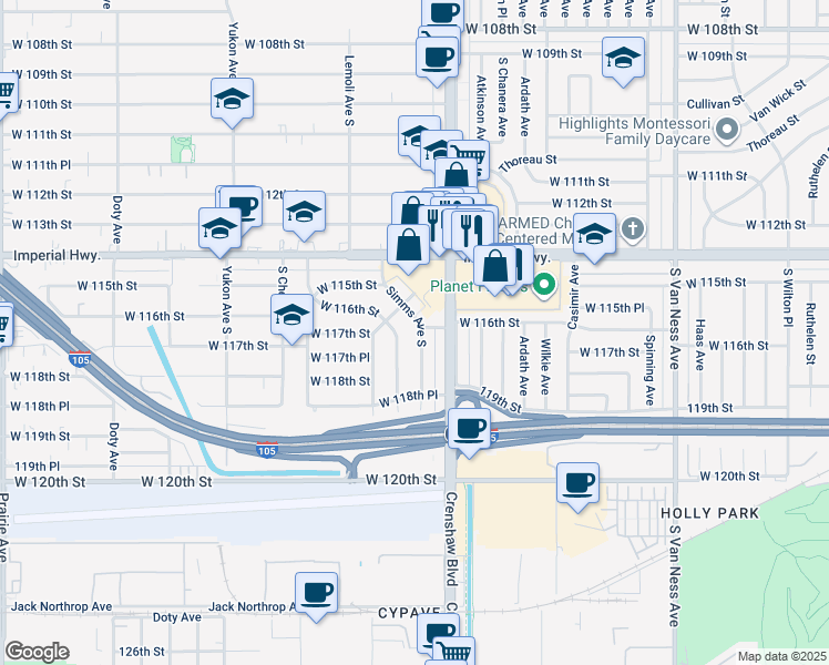 map of restaurants, bars, coffee shops, grocery stores, and more near 11601 Simms Avenue South in Inglewood