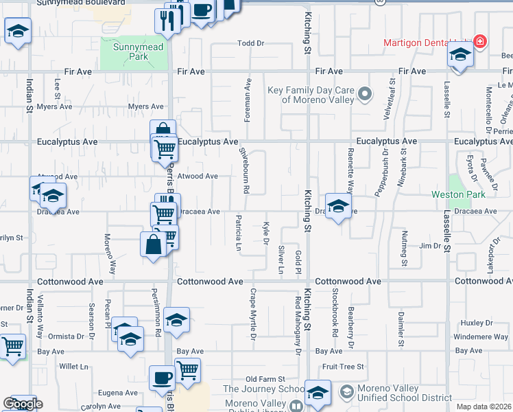 map of restaurants, bars, coffee shops, grocery stores, and more near 25318 Dracaea Avenue in Moreno Valley