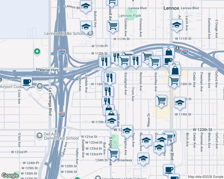 map of restaurants, bars, coffee shops, grocery stores, and more near 11620 South Inglewood Avenue in Hawthorne