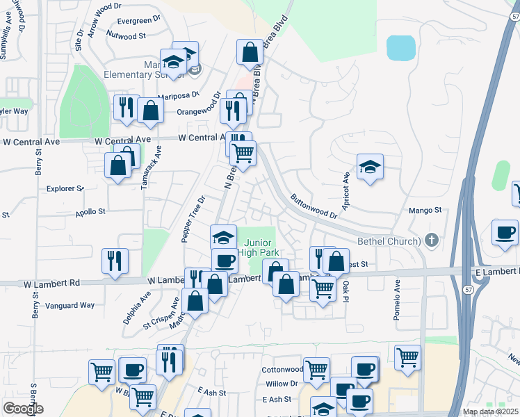map of restaurants, bars, coffee shops, grocery stores, and more near 256 Scenic Way in Brea
