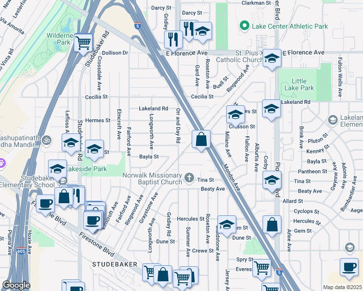 map of restaurants, bars, coffee shops, grocery stores, and more near 11414 Orr and Day Road in Norwalk
