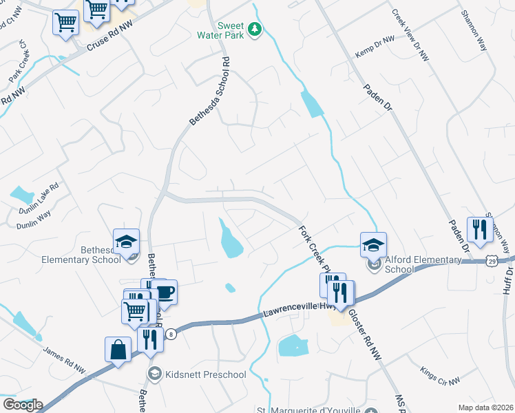map of restaurants, bars, coffee shops, grocery stores, and more near 615 Maple Crest Drive in Lawrenceville