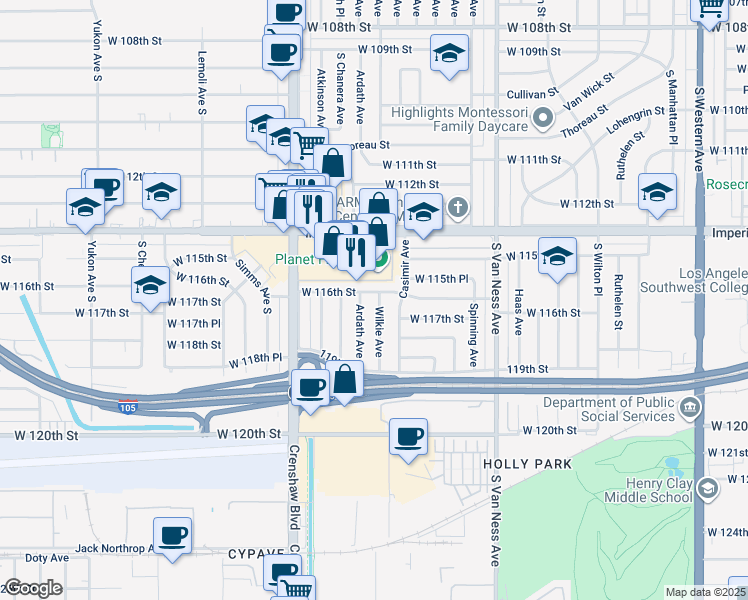 map of restaurants, bars, coffee shops, grocery stores, and more near 11609 Wilkie Avenue in Hawthorne