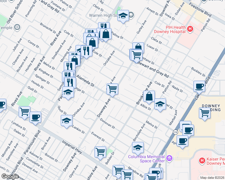 map of restaurants, bars, coffee shops, grocery stores, and more near 12141 Downey Avenue in Downey