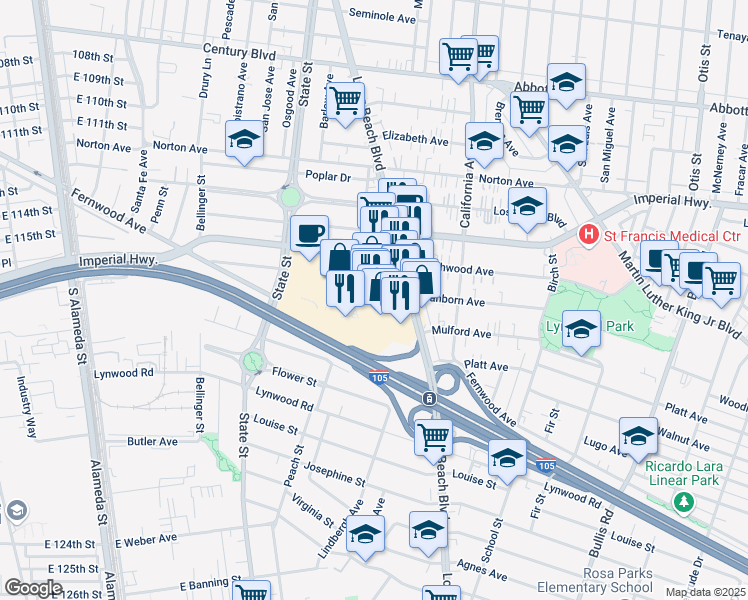 map of restaurants, bars, coffee shops, grocery stores, and more near 11245 Long Beach Boulevard in Lynwood