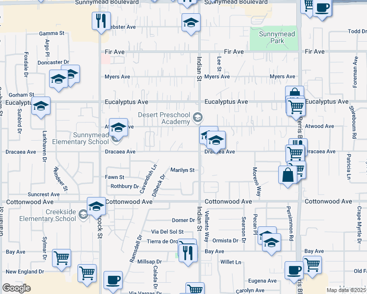 map of restaurants, bars, coffee shops, grocery stores, and more near 24426 Dracaea Avenue in Moreno Valley