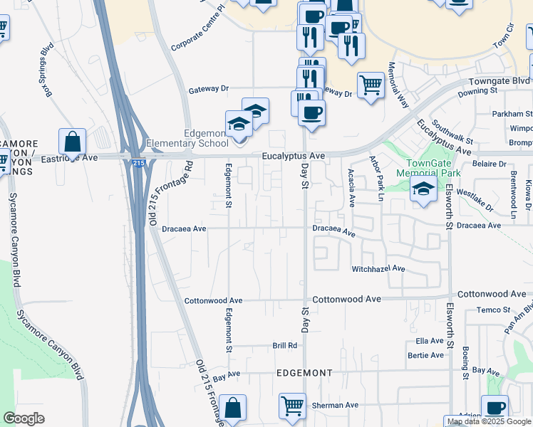 map of restaurants, bars, coffee shops, grocery stores, and more near 13215 Barbara Street in Moreno Valley