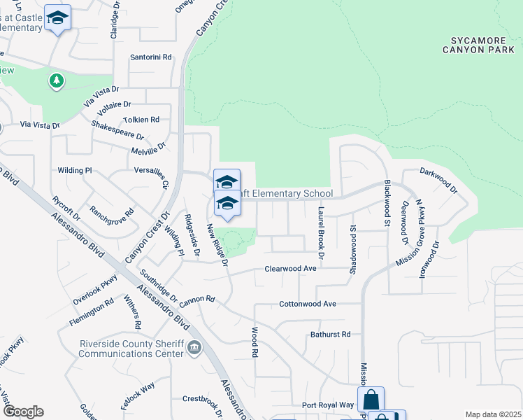 map of restaurants, bars, coffee shops, grocery stores, and more near 6716 Carobwood Way in Riverside